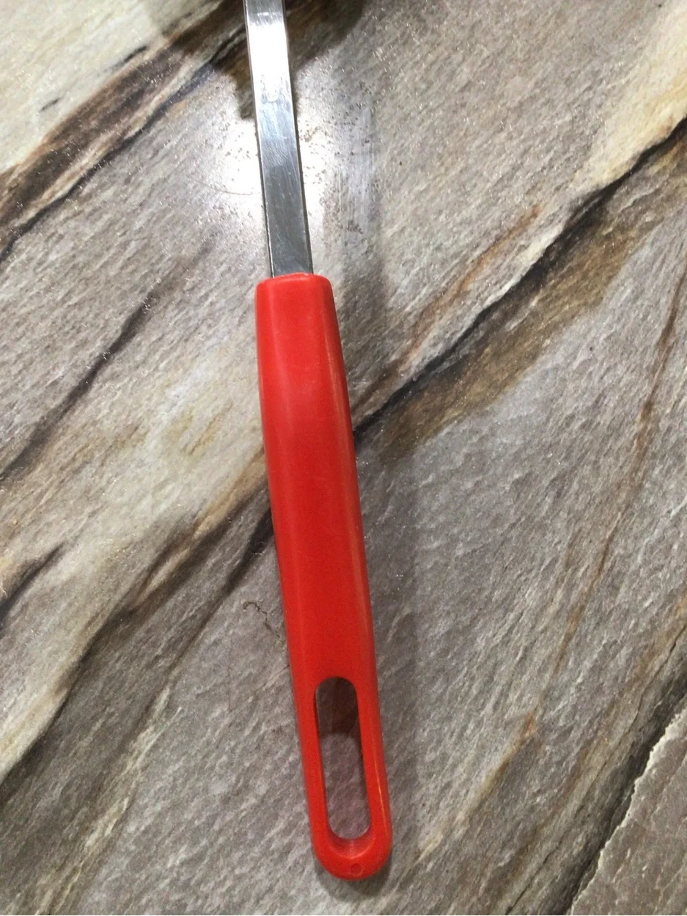 Vintage Korea Slotted Serving Spoon Nylon Head Red Handle Stainless Shaft 11”